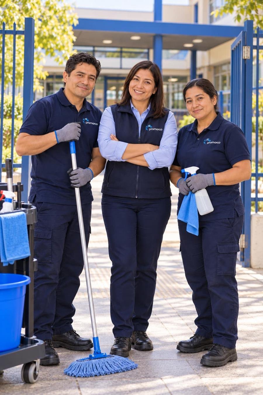 Equipo de auxiliares de Promarco en el acceso de un colegio