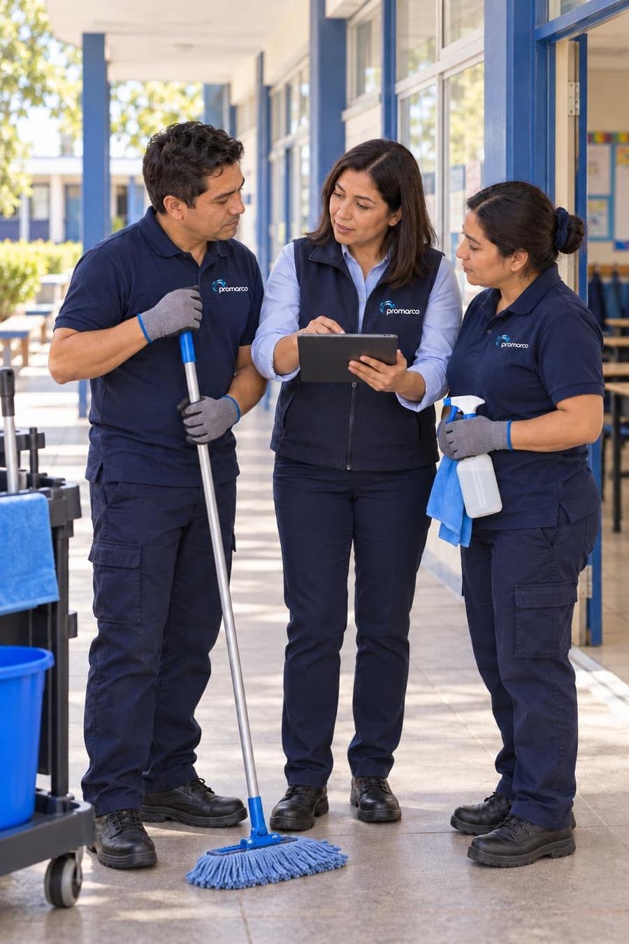 Supervisora de Promarco revisando el plan de trabajo con dos auxiliares en un colegio