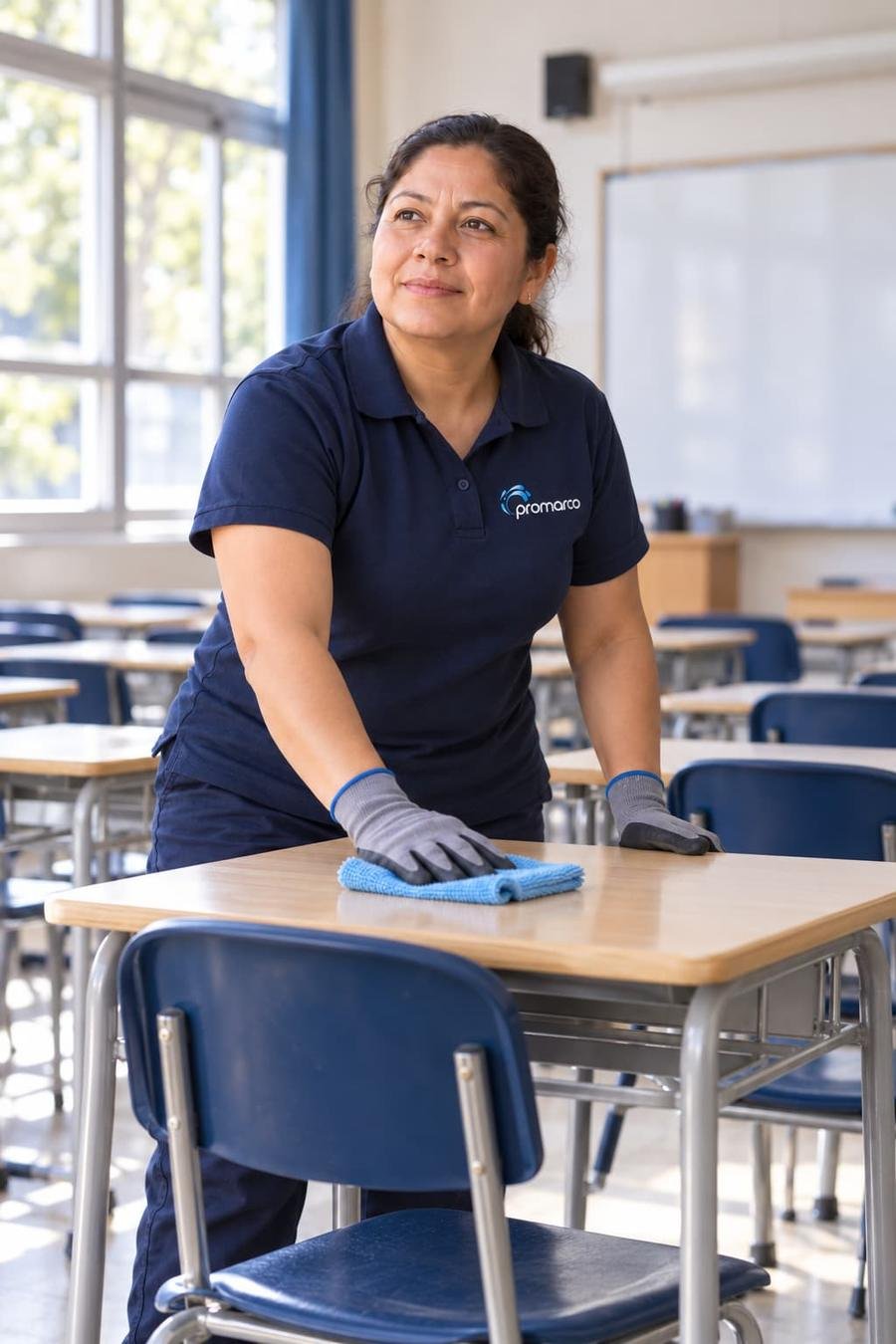 Auxiliar de Promarco limpiando el mobiliario de una sala de clases